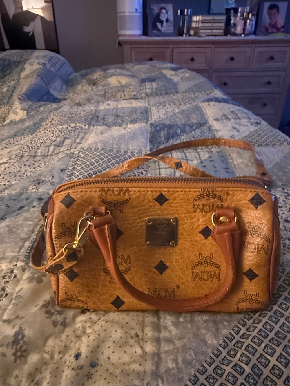 MCM Cognac Visetos Leather Crossbody Satchel